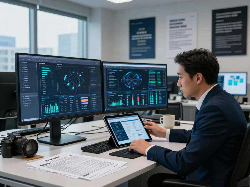 Cybersecurity analyst reviewing document fraud detection solution on multiple screens in a modern office setting.