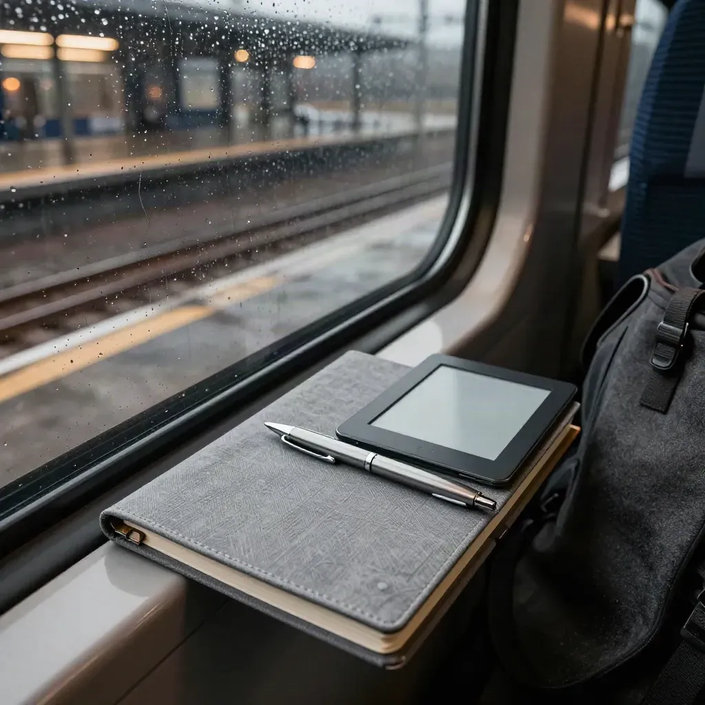 Rain-streaked train lap setup with notebook, face-down e-reader, and clipped pen by amber station lights.
