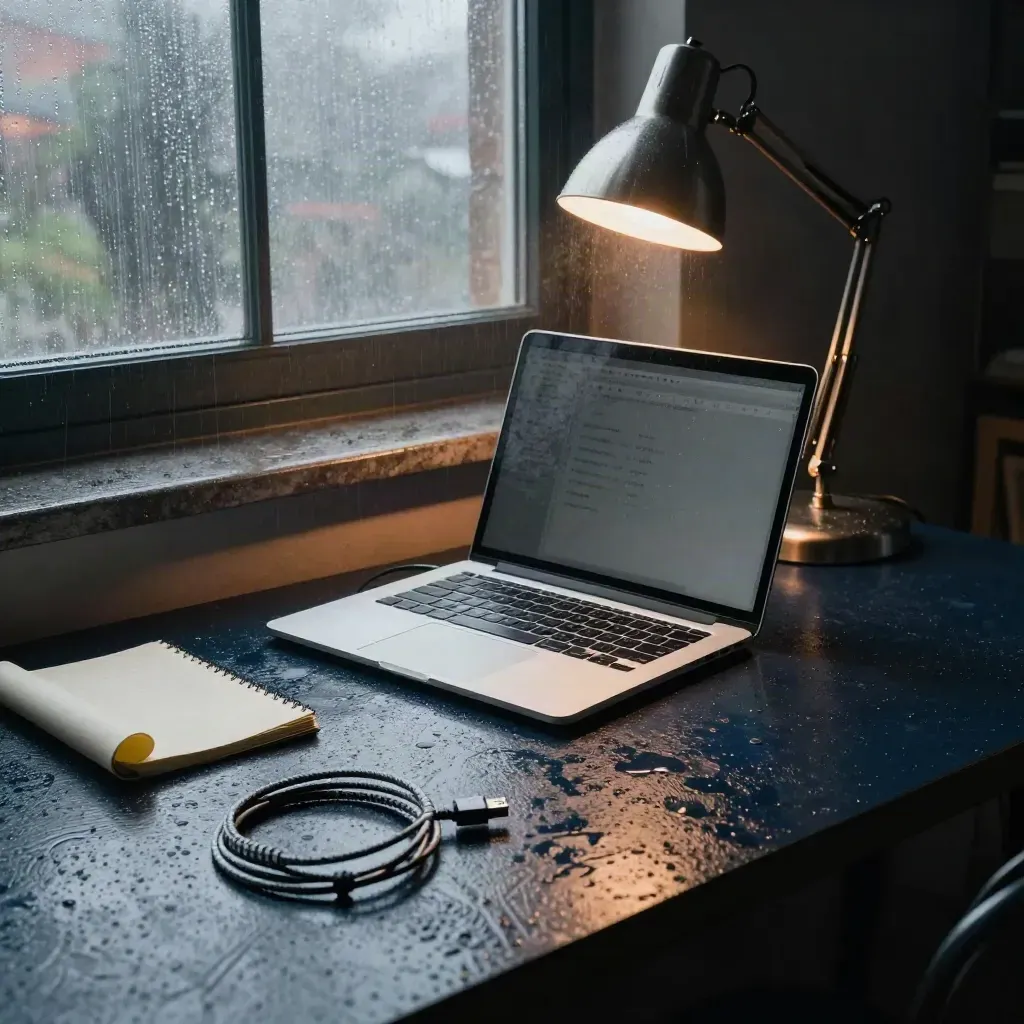 Rain-damp coding desk with laptop glow, tangled cables, and a desk lamp by an open window.