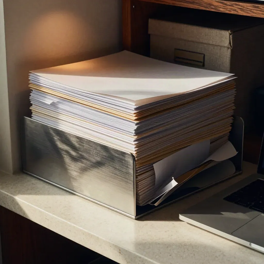 Folders, metal tray, and a laptop in a sunlit filing workspace as pages flutter.