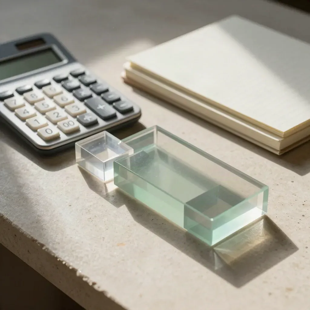 Acrylic blocks, calculator, and graph-free notebooks on pale stone with sunlight sliding across edges.