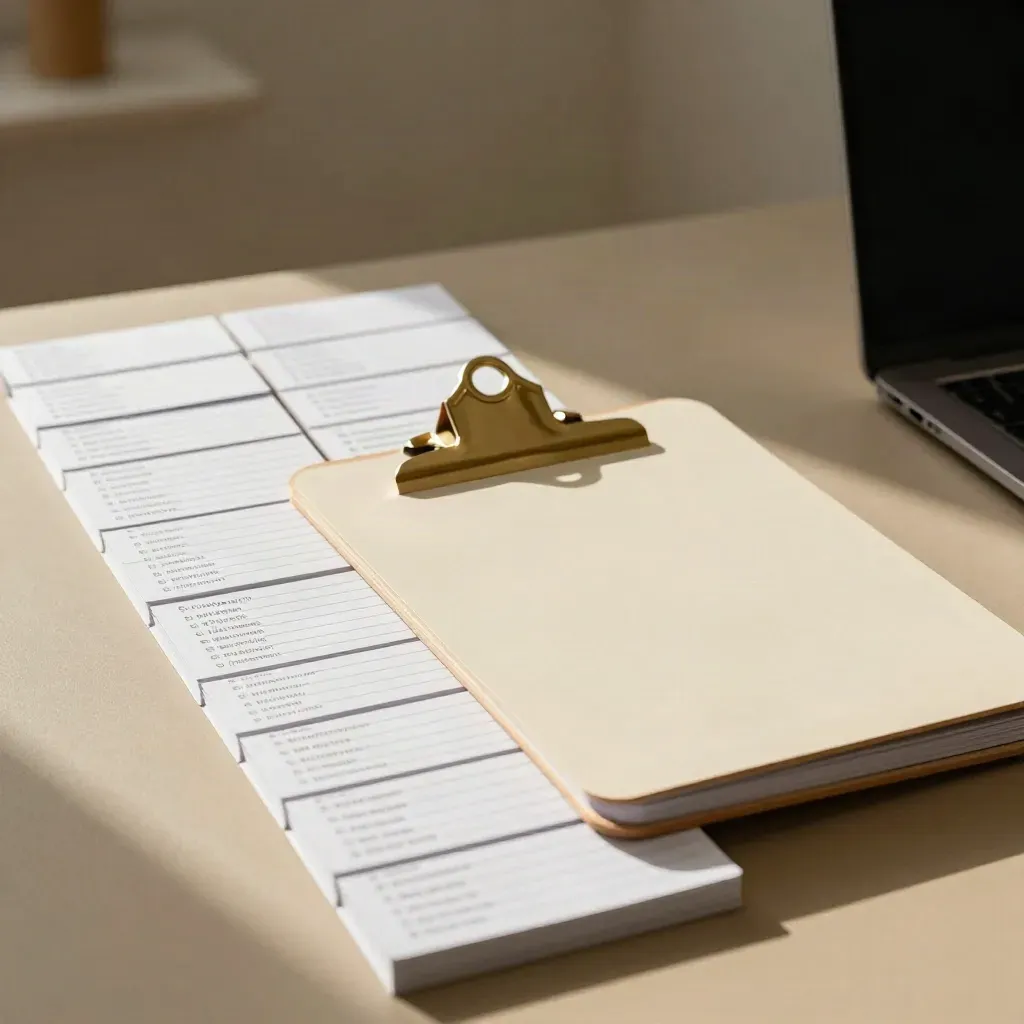 Python study cards arranged into rows beside a blank clipboard and laptop edge in warm light