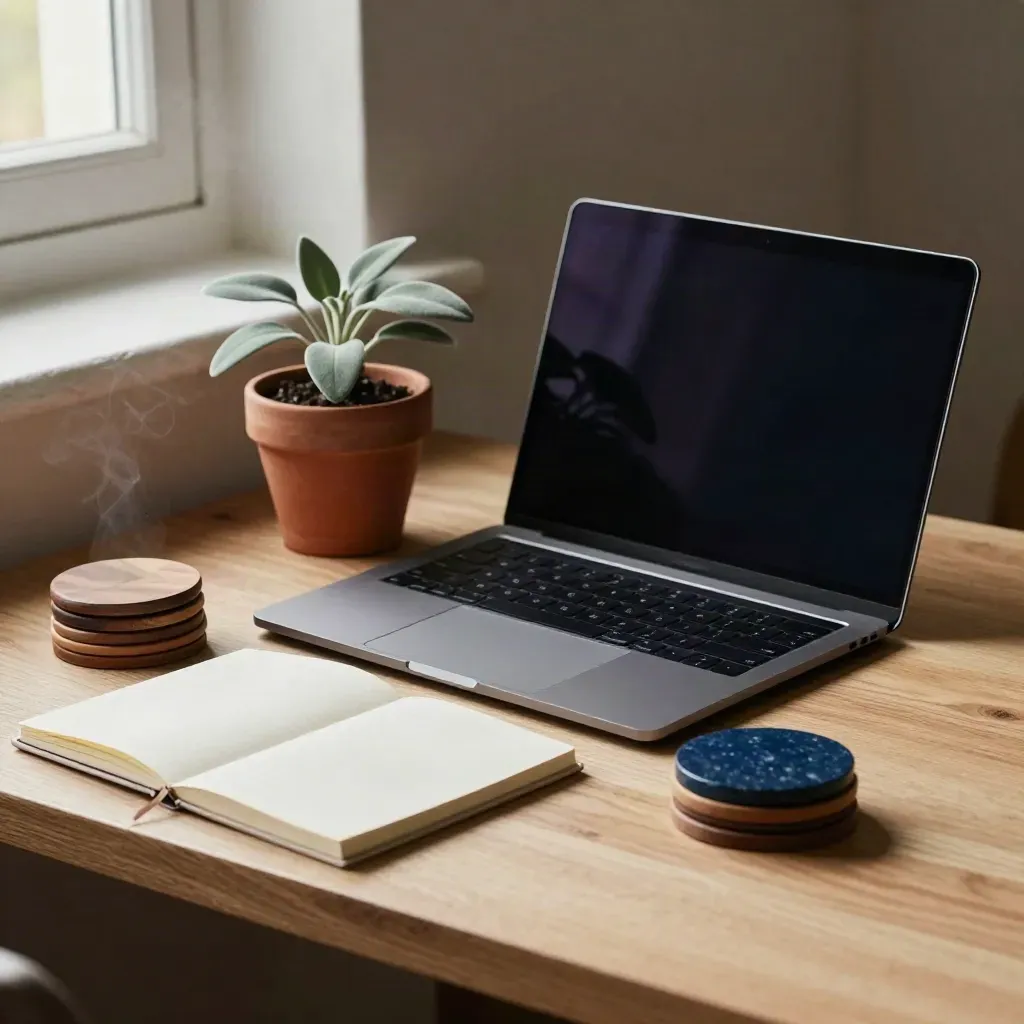 Warm desk corner with open laptop, plant pot, notebook, coaster stack and steam by a bright window.