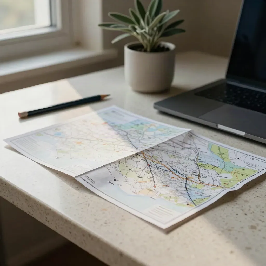 Low-angle sunlit paper path map beside a laptop corner, pencil, and plant on a warm window table.