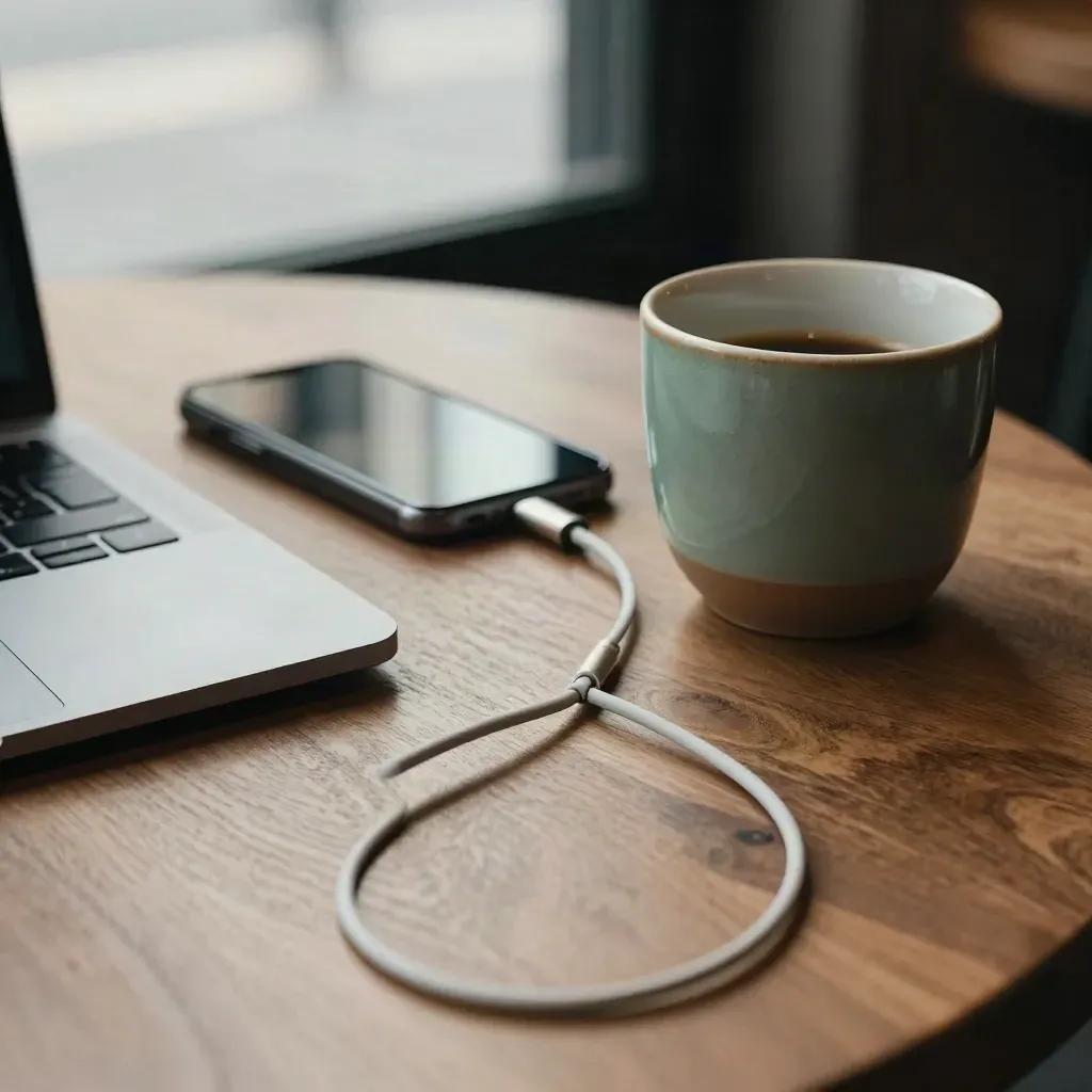 Face-down phone, coiled cable, laptop edge and ceramic cup on a café table in hazy light.