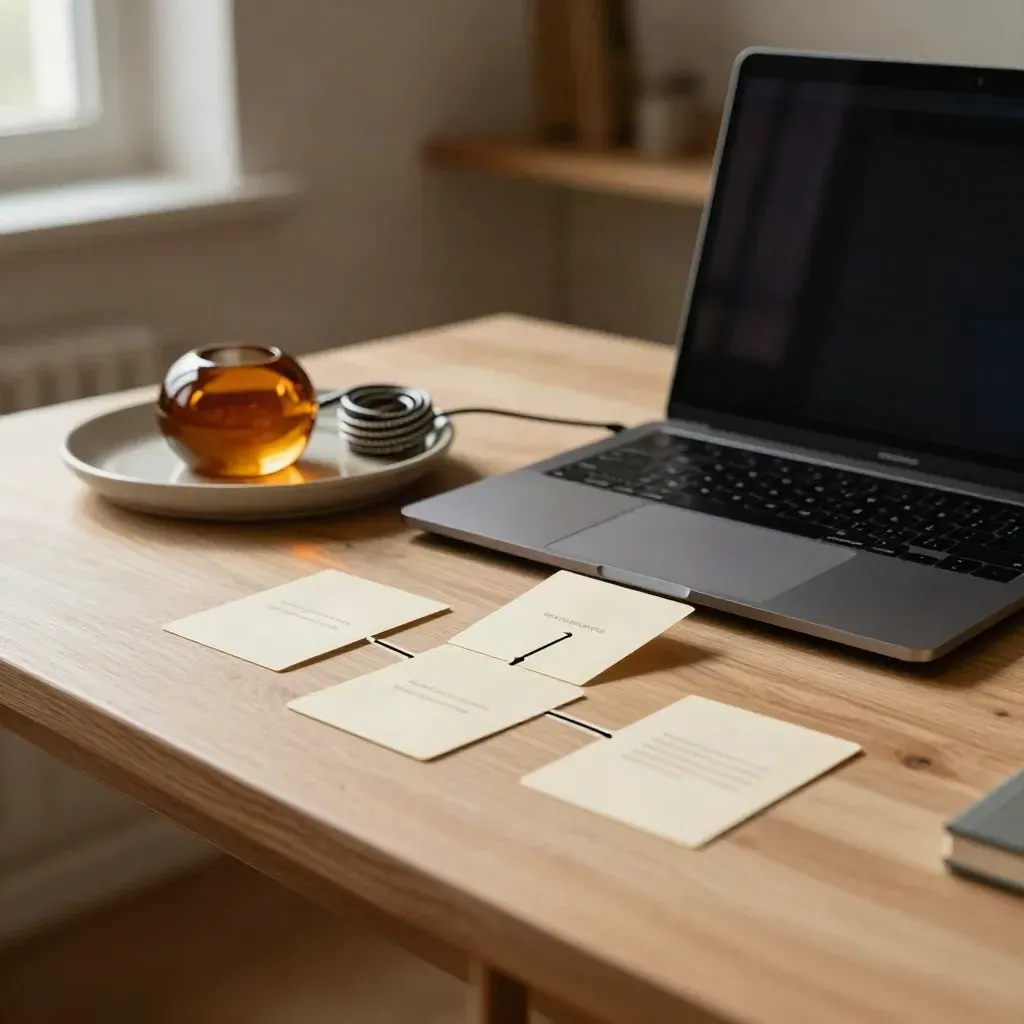 Open laptop beside three cards and a ceramic tray on a warm oak desk in soft afternoon light.