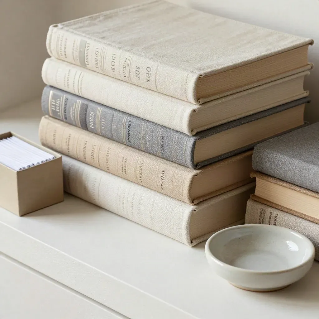 Clothbound reference volumes, catalog cards, and a ceramic dish on an off-white plaster sweep.