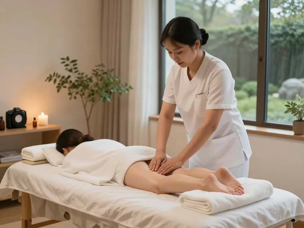 Serene massage therapy room prepared for 시흥출장마사지 with calming lighting and aromatic oils.