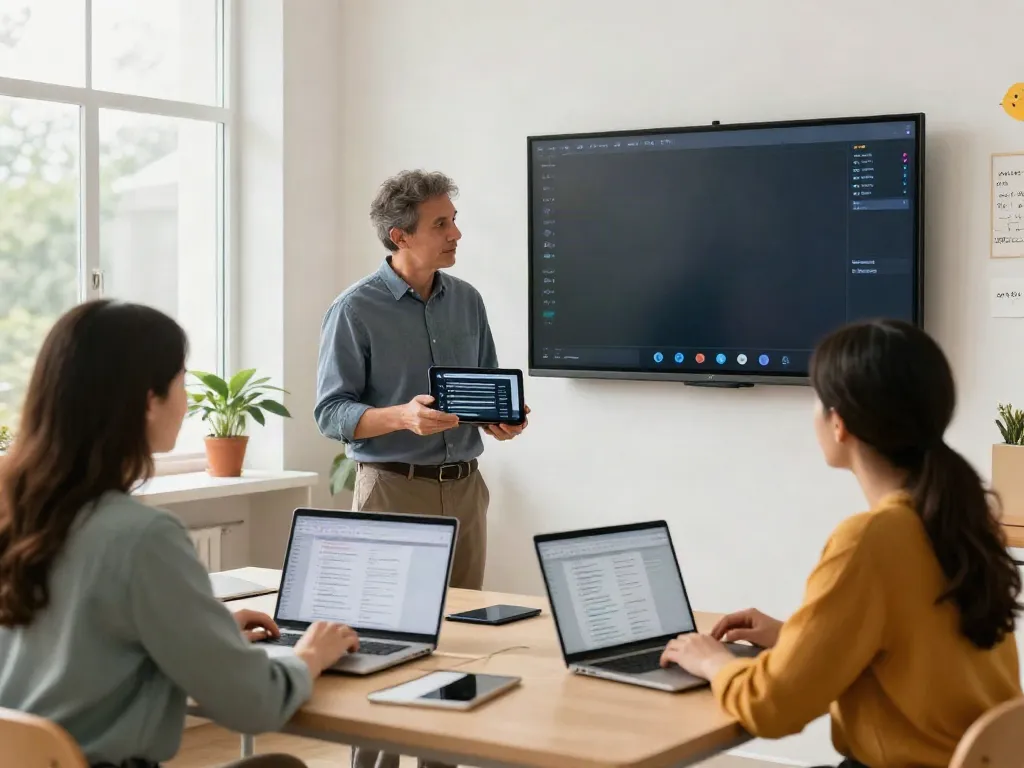 AI writing tools for online educators in a vibrant classroom environment, showcasing collaboration among teachers.