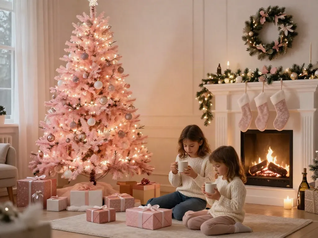 Festively decorated light pink Christmas tree in a cozy living room with family wrapping gifts.